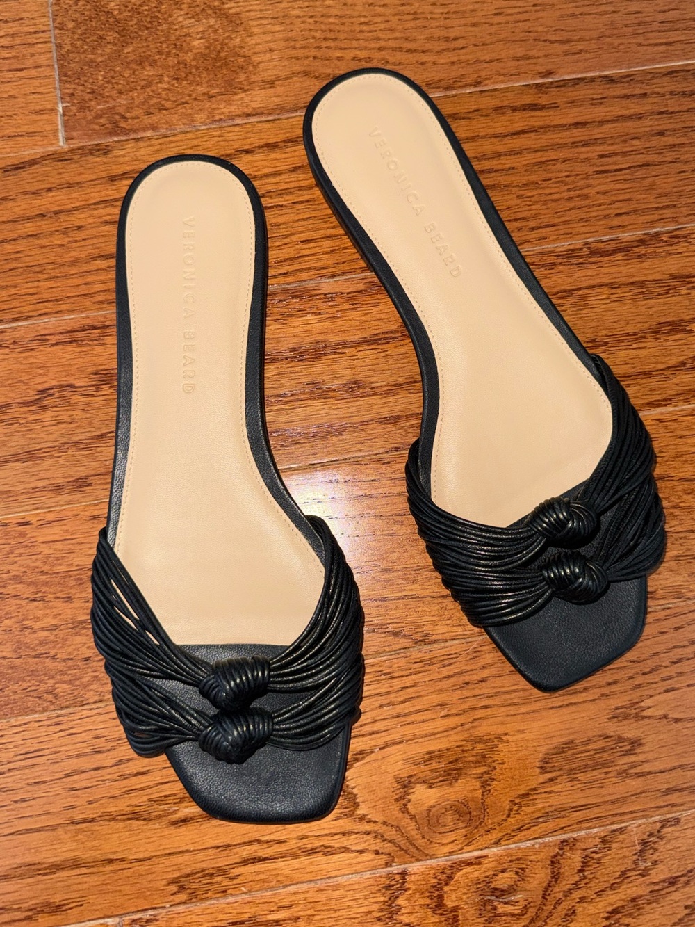 Veronica Beard Black Knotted Slide Sandals with Tan Insole